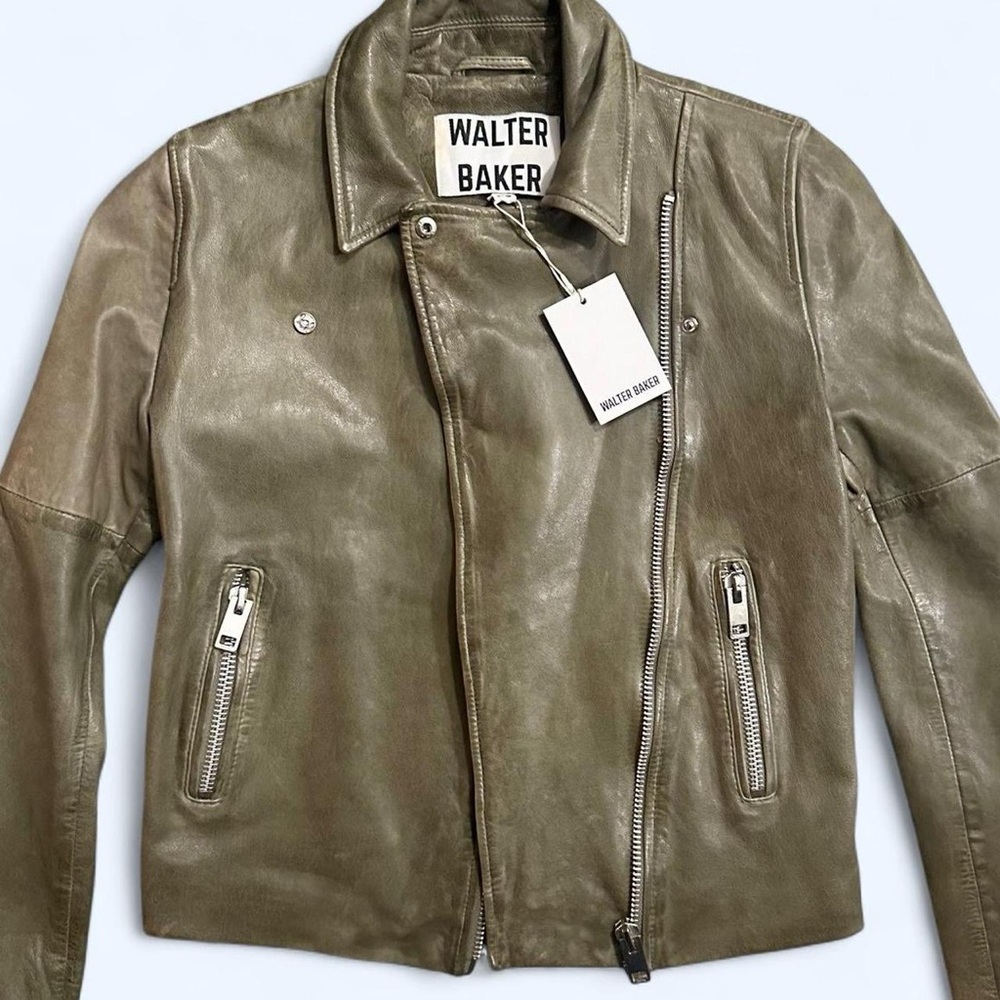 NWT Walter Baker Olive Green 100% Leather Motorcycle Jacket Size XS